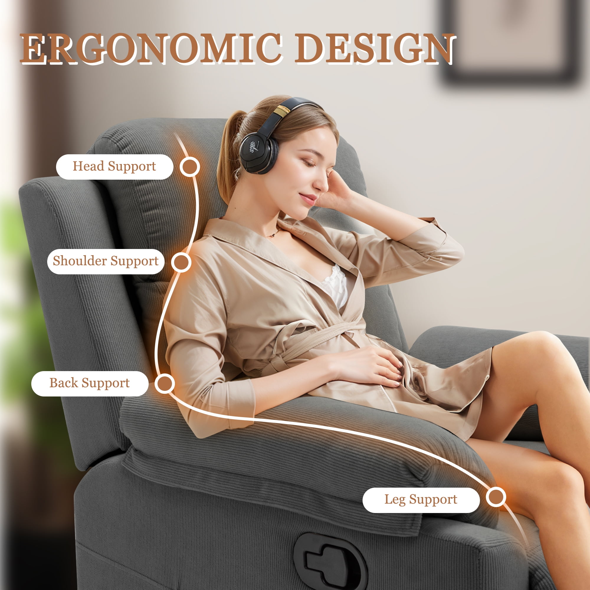 Korser Manual Small Recliner Chair for Small Spaces for Living Room,Corduroy,Grey