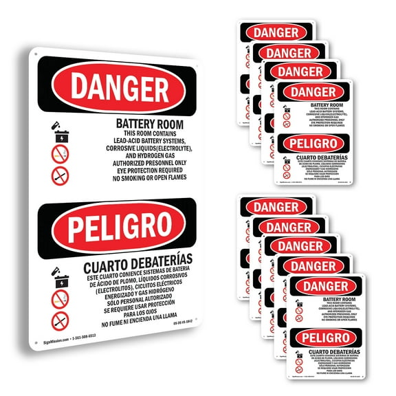 Battery Room Bilingual OSHA Danger Aluminum Sign 18 Inch x 12 Inch - 10 Pack