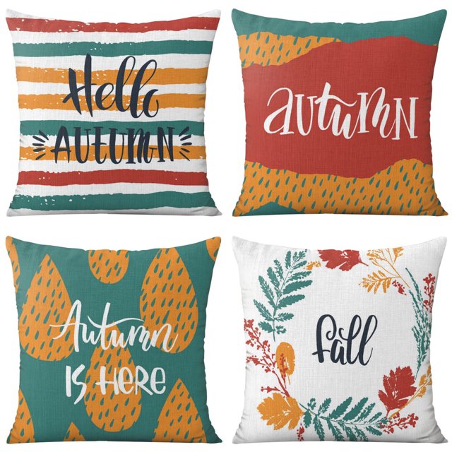 Hello Autumn Orange Pillow Covers Set Of 4, Linen Thanksgiving Throw Pillow Covers Home Decor