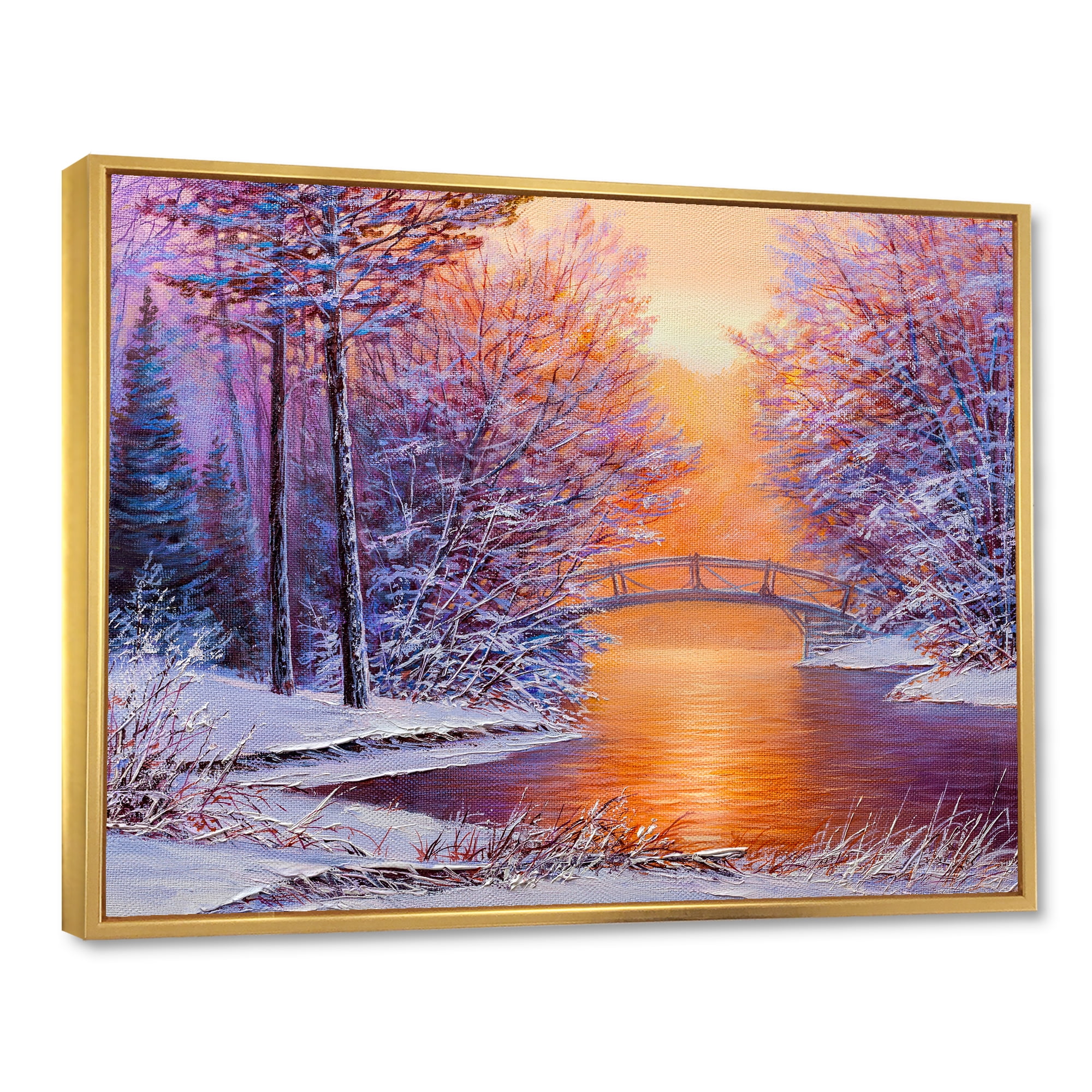 Designart 'Winter Landscape With Bridge Over The River' Traditional Framed Canvas Wall Art Print