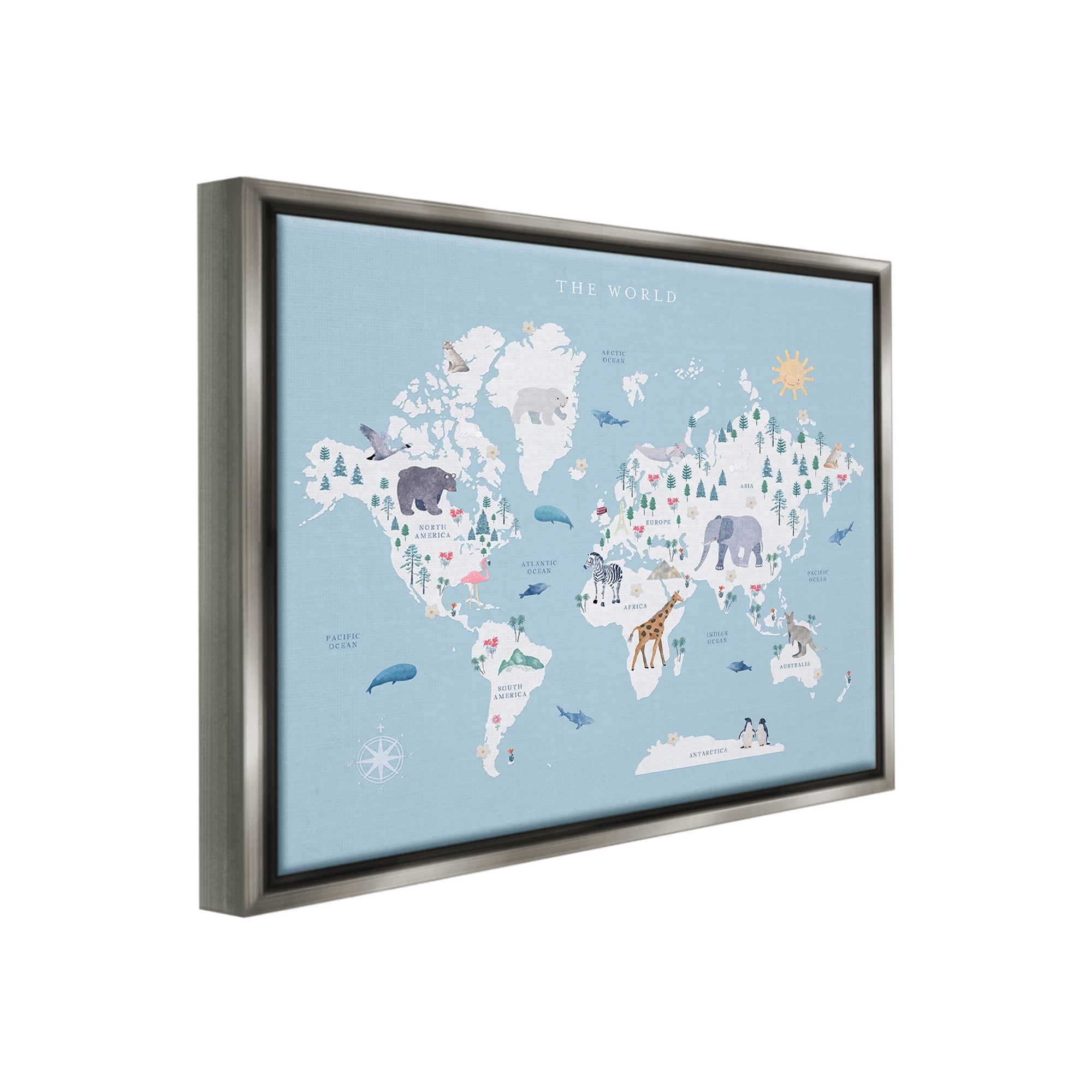 Stupell Industries World Animals Map Animals & Insects Painting Gray Floater Framed Canvas Art Print Wall Art, 21 x 17