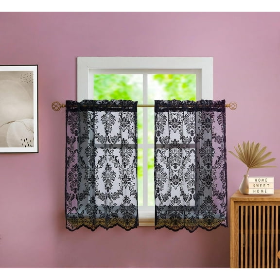 Warm Home Designs Pair of 30" W x 24" L Black Lace Kitchen Curtains. FI Black Tiers 24