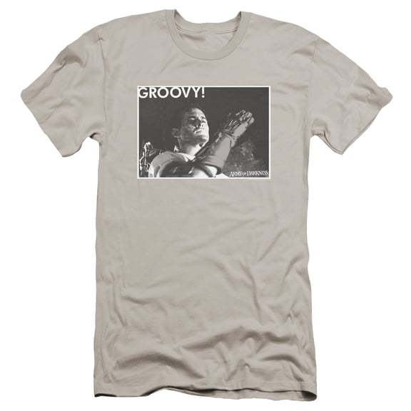 Army Of Darkness Groovy Premium Adult Slim Fit 30/1 T-Shirt Silver