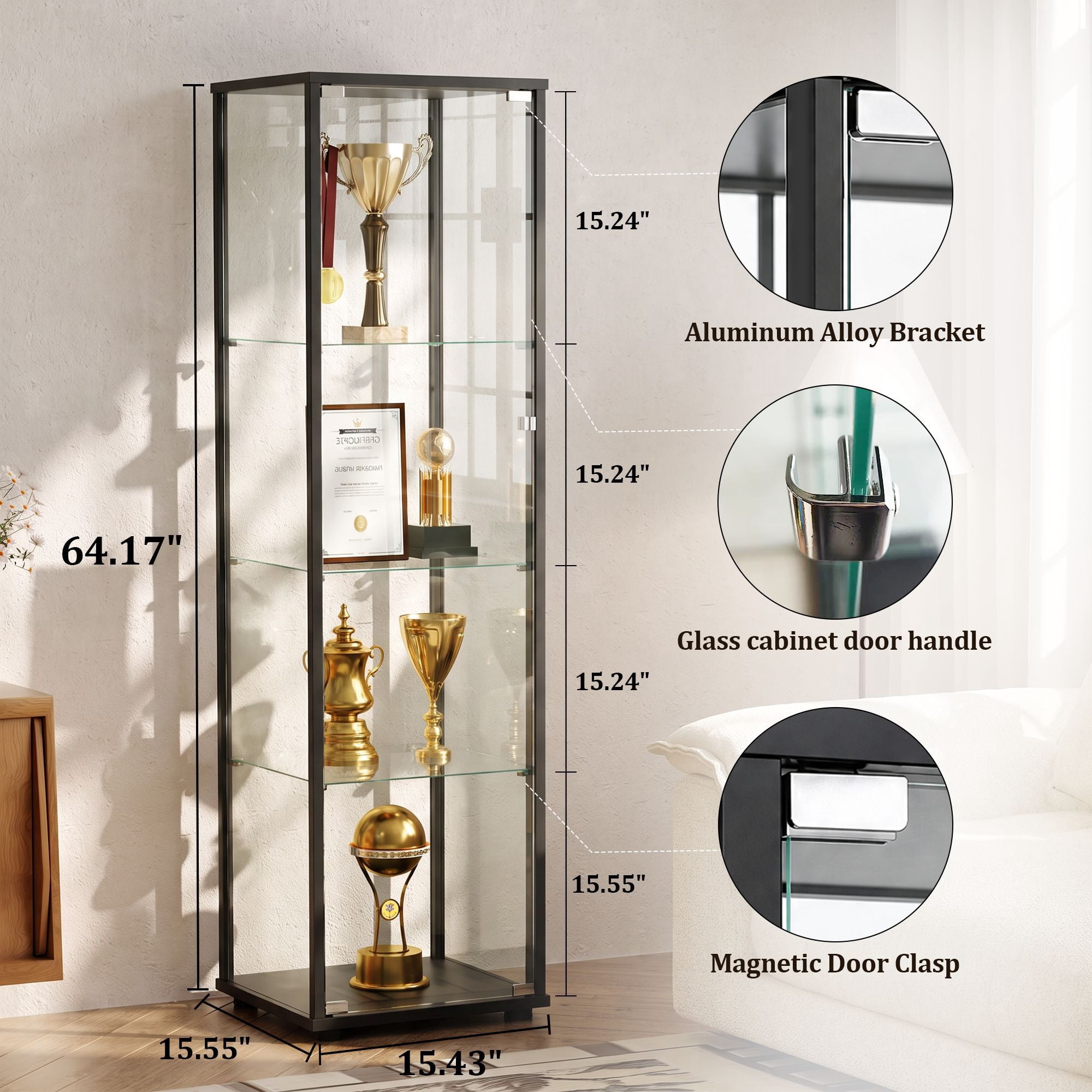 Clarvion 64" Display Cabinet with Glass Door, 4-Tier Tempered Glass Curio Cabinet, Single Door Display Case for Collectibles, Black