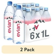 (2 pack) evian Natural Spring Drinking Water, 1 L, 6 Pack Bottles