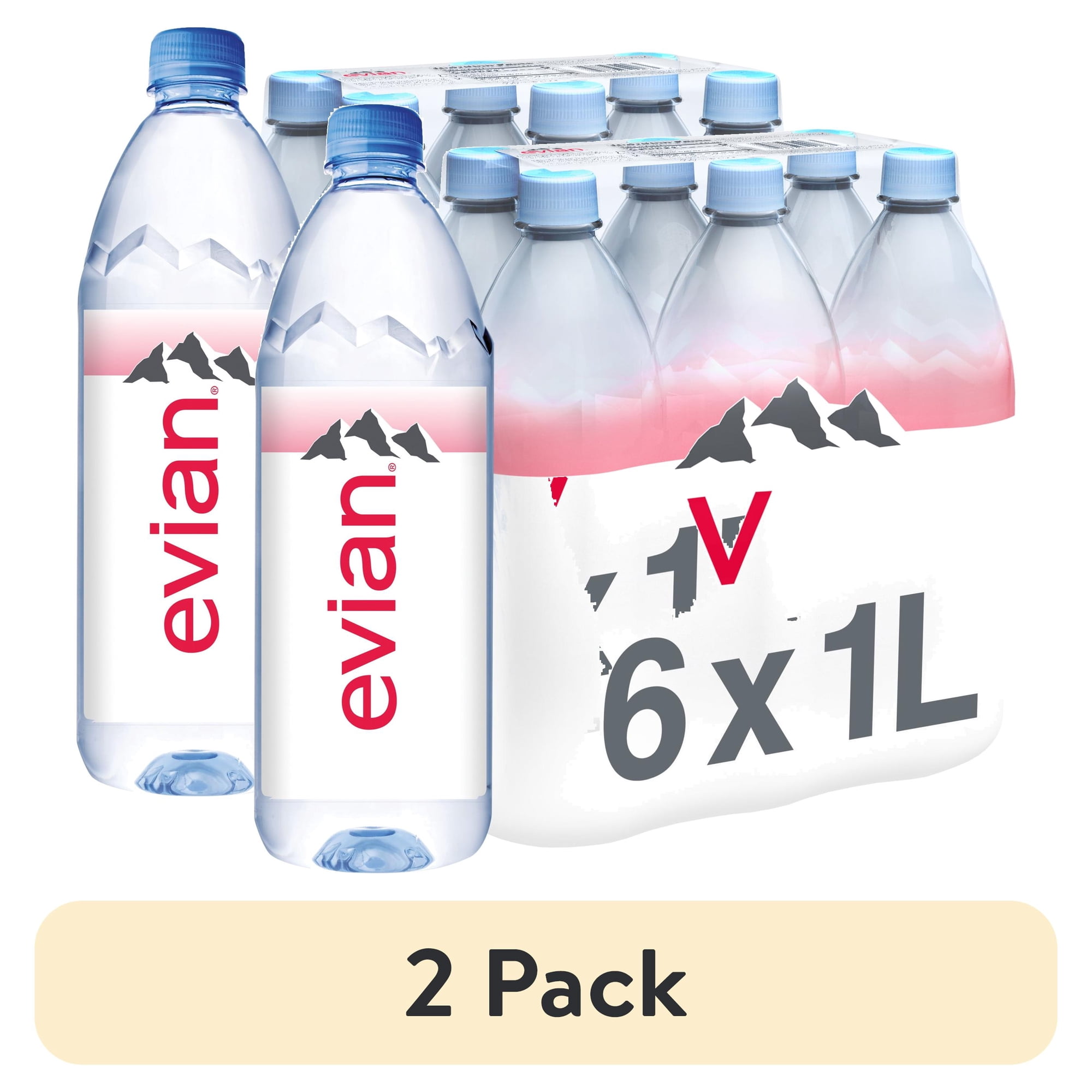 (2 pack) evian Natural Spring Drinking Water, 1 L, 6 Pack Bottles