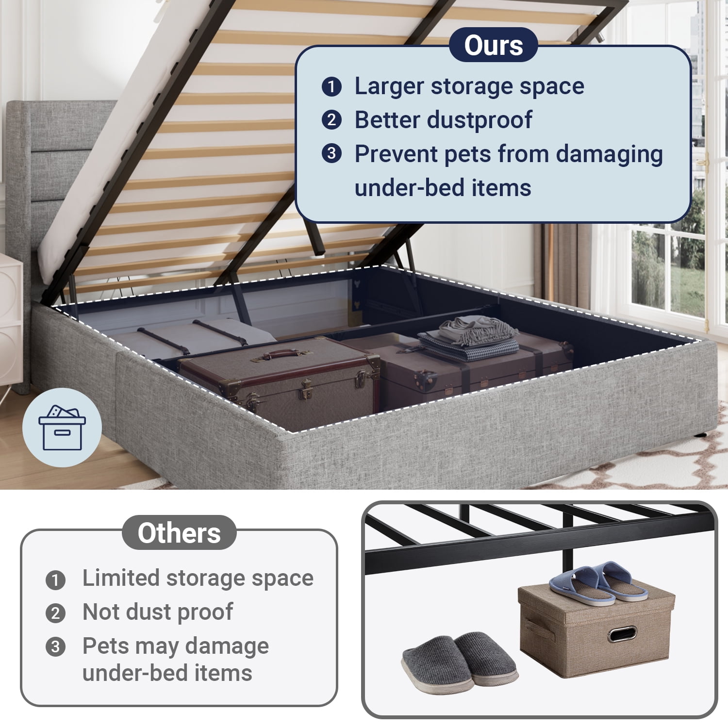 Allewie Full Size Lift Up Platform Storage Bed Frame with Channel Wingback Headboard, Light Grey