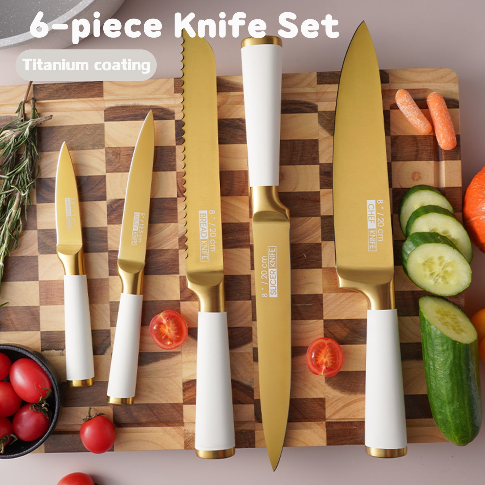 Kitchen Knife Set, 6-Pieces Golden Titanium Coated Knife Block Set with Wood Knife Block & Built-in Sharpener, Stainless Steel Sharp Chef Knife Set, Knives Set for Home Kitchen