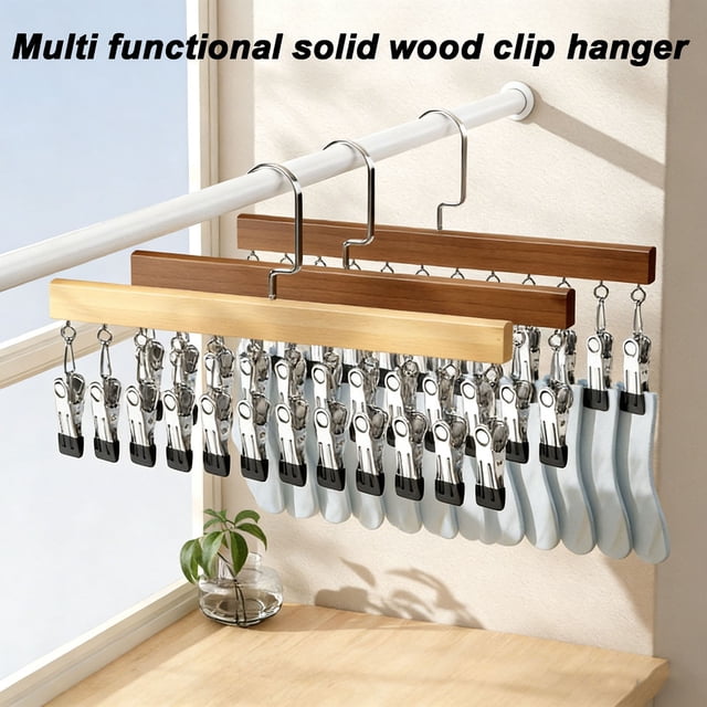 Tendedero de acero inoxidable con clip para calcetines • Tendedero colgante con 12 pinzas de precisión • Percha de madera y metal para vaqueros, toallas, lencería