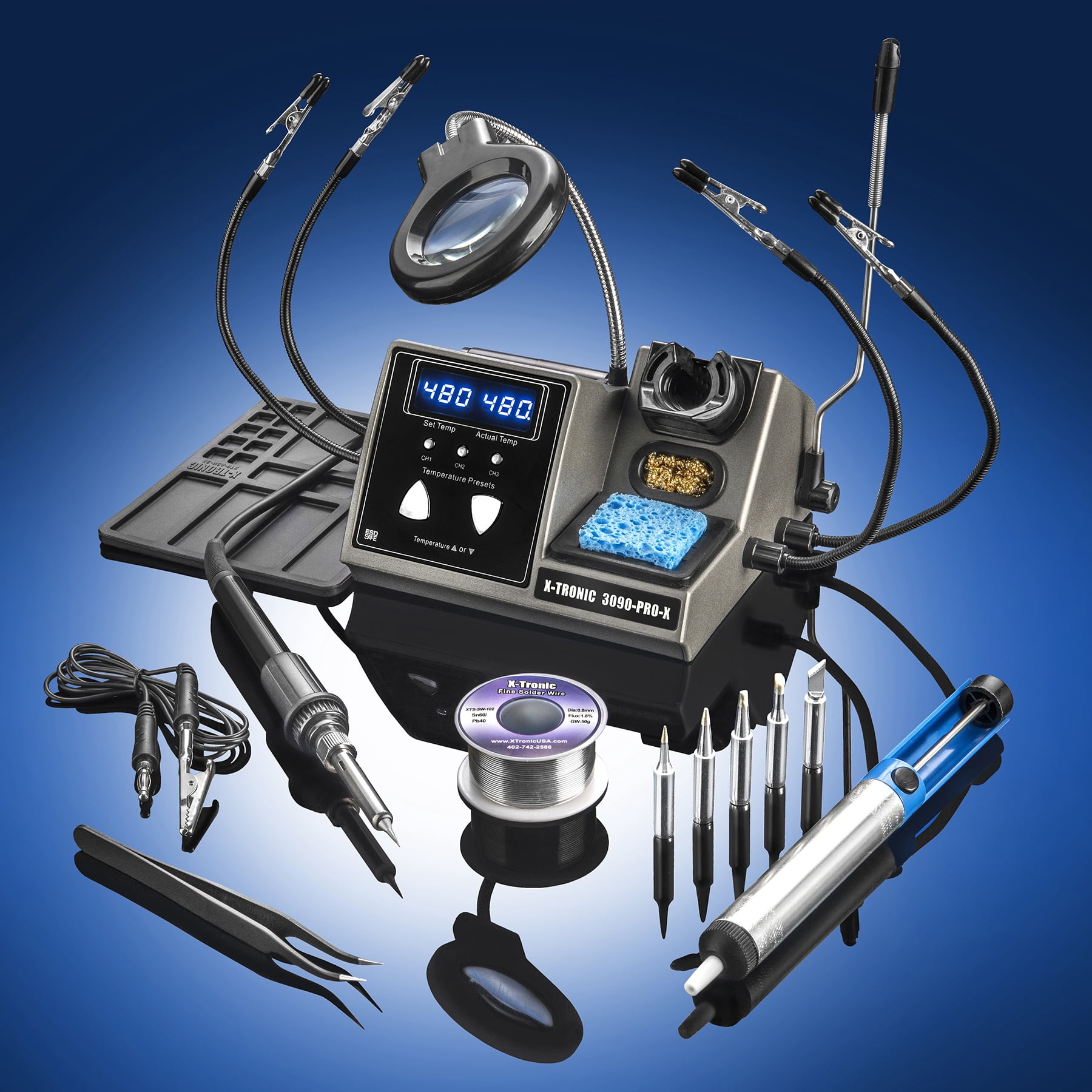 X-Tronic 3090-PRO-X 75 W Soldering Iron Station w/ Accessories, Adjustable Sleep & Temp Presets, C/F & More