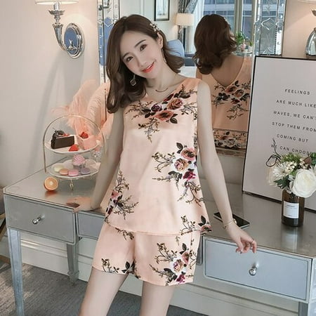 

PIKADINGNIS 2pcs Women Sleepwear for Summer Short Ice Silk Vest Pajamas Sets Girl Print Pyjama Set Women Nightshirt Sets Sexy Home Wear