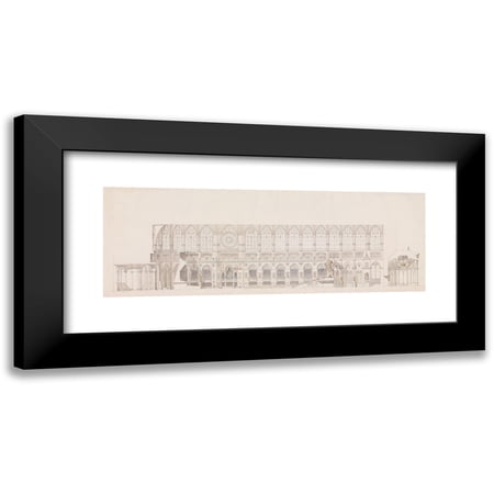Charles Percier 14x8 Black Modern Framed Museum Art Print Titled - Cross Section of the Nave of Reims Cathedral, Decorated for the Coronation of King Louis XVIII (1815)