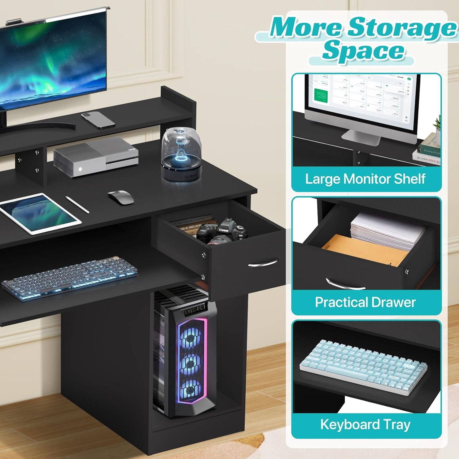 Dkelincs 43" Office Computer Desk with Drawer & Monitor Shelf & Keyboard Tray, Study Writing Desk Gaming Desk Executive Table for Home Office, Black