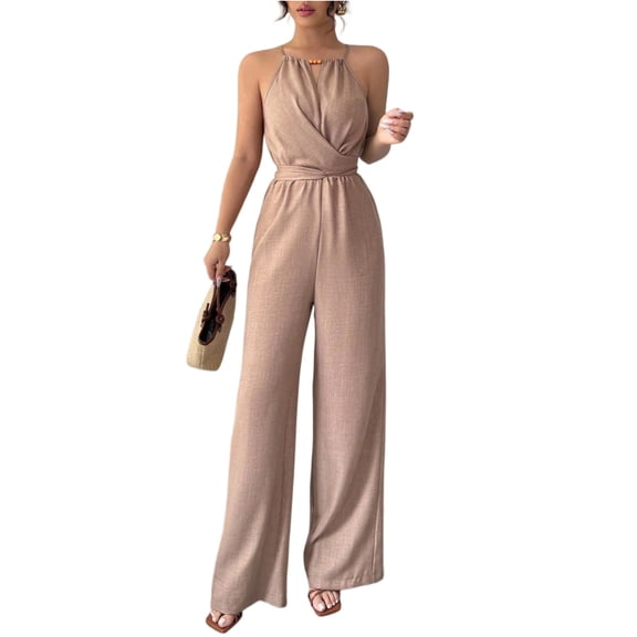 JULMCOMO Jumpsuits for Women Crew Neck Halter Cinched Waisted Dressy Rompers Tie Back Wide Leg Flowy Summer Overalls Khaki 2XL