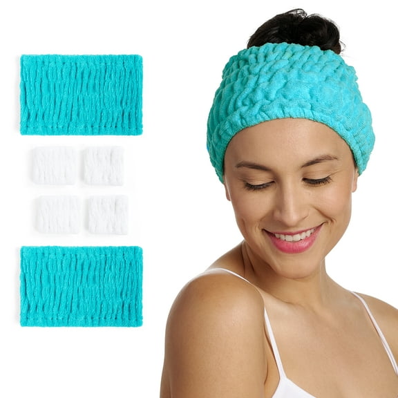 Turbie Twist 2-Pack Turbie Band and 4-Pack Turbie Wrist Bands for Beauty, Travel, Gifting - Cotton Headbands for Personal Care - Comfortable, Extra-Wide Spa Headband - For All Hair Types-Capri