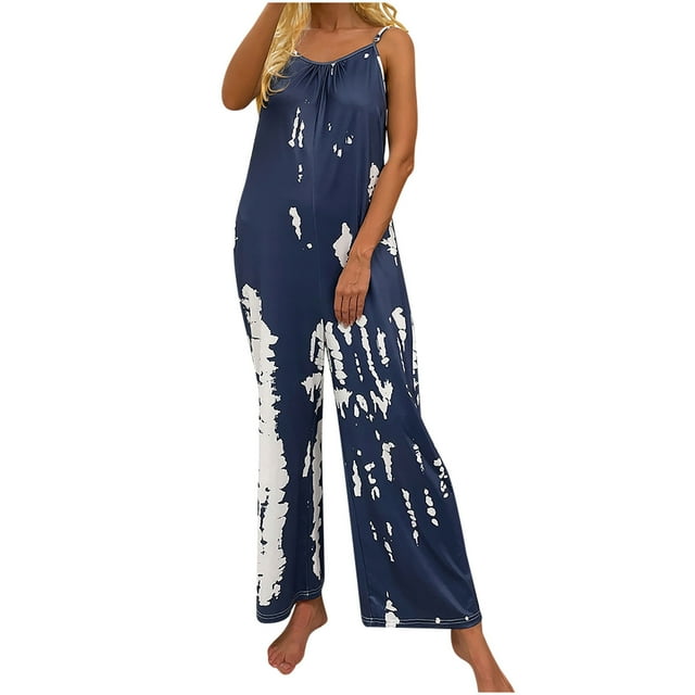 Womens Rompers and Jumpsuits for Summer Women Printed Summer Sleeveless Backless Loose Long Playsuits Rompers Jumpsuit Long Sleeve Jumpsuit for Women Long Sleeve Romper for Women