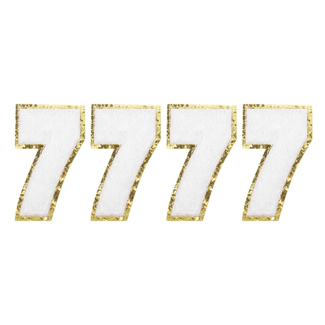 Paquete de 4 parches de números de chenilla con brillo de 8.4 cm / 3.3" para bordar en camisetas, gorras, bolsas (blanco, 7)