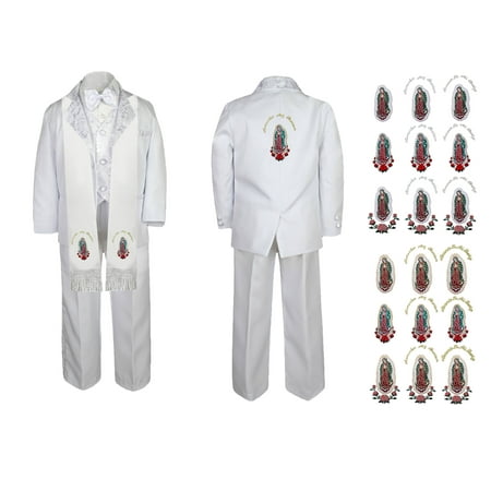 

New Born Baby Boy Teen Christening Baptism Formal White Paisley Suit Silver Gold Patch on Stole & Back SM-20