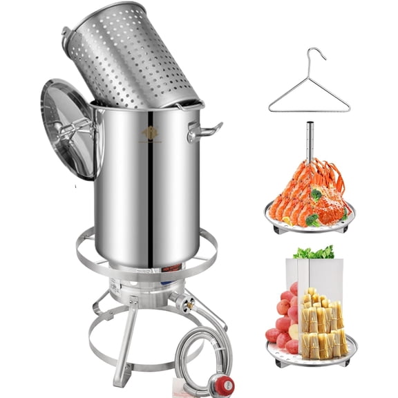 32QT Stainless Steel Turkey Fryer Pot and Burner Kit,Propane Burners for Outdoor Cooking, Tamale Steamer Pot with basket, and steamer rack. Great for Seafood boil, Crawfish Boil, Home Brewing