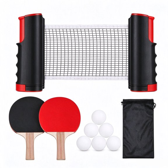 Portable Ping Pong Paddle Set w/Retractable Net, 6 Balls & Carry Bag, Fits Tables up to 1.8" Tall Indoor/Outdoor