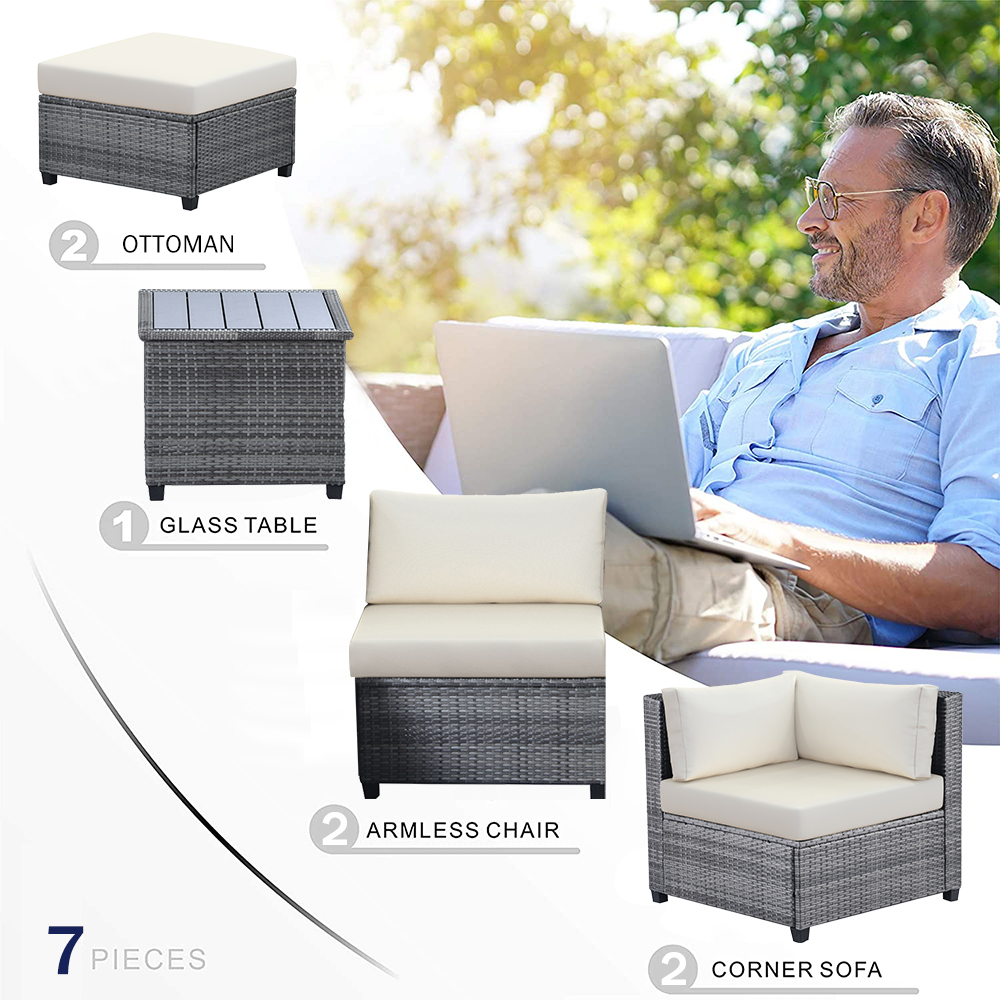 enyopro Patio Conversation Set, 7 Piece PE Wicker Furniture Chair Set with Table, Ottoman & Cushions, All-Weather Outdoor Cushioned Sectional Sofa Chairs, Rattan Sofa Set for Patio Deck Yard, K2598 - image 4 of 11