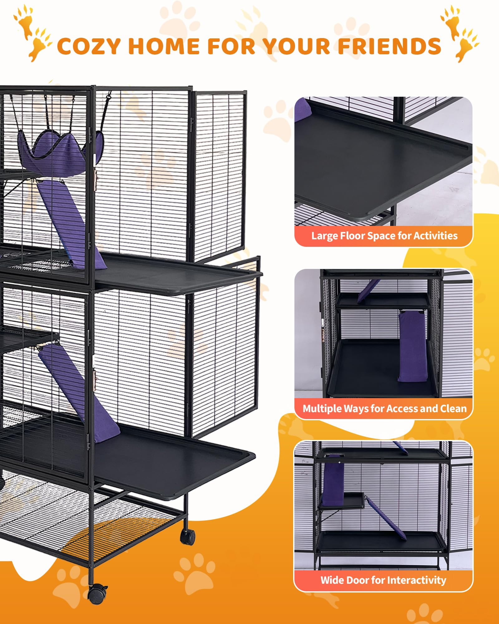4-Tier Heavy-Duty Small Animal Cage for Ferrets, Chinchillas, Guinea Pigs, Hamsters, Rabbits – Metal Construction, Ramp, Hammock, Storage Shelf, Removable Tray – Easy Assembly & Cleaning
