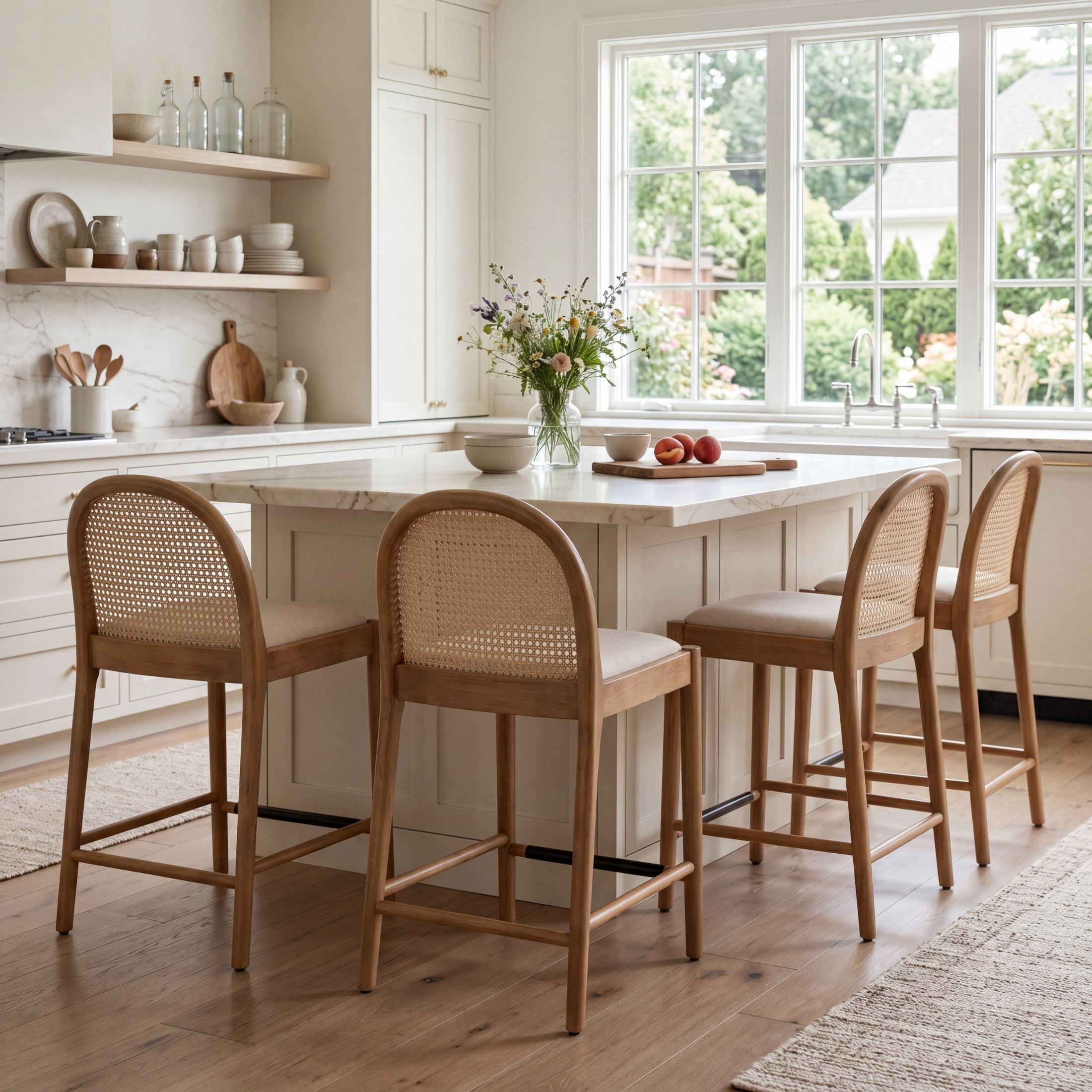 Guyou Modern Bar Stools Set of 2, 26" Counter Height Bar Stools with Natural Rattan Back and Solid Wood Frame, Linen Upholstered Kitchen Island Chairs for Bar Island Cafe Kitchen, Beige