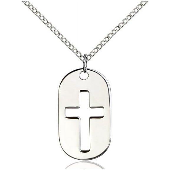 Sterling Silver Cross Dog Tag Pendant 7/8 x 1/2 inches with Sterling Silver Lite Curb Chain