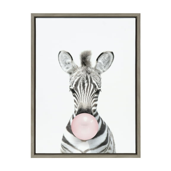 Kate and Laurel Sylvie Bubble Gum Zebra Framed Canvas Wall Art by Amy Peterson Art Studio, 18x24 Gray