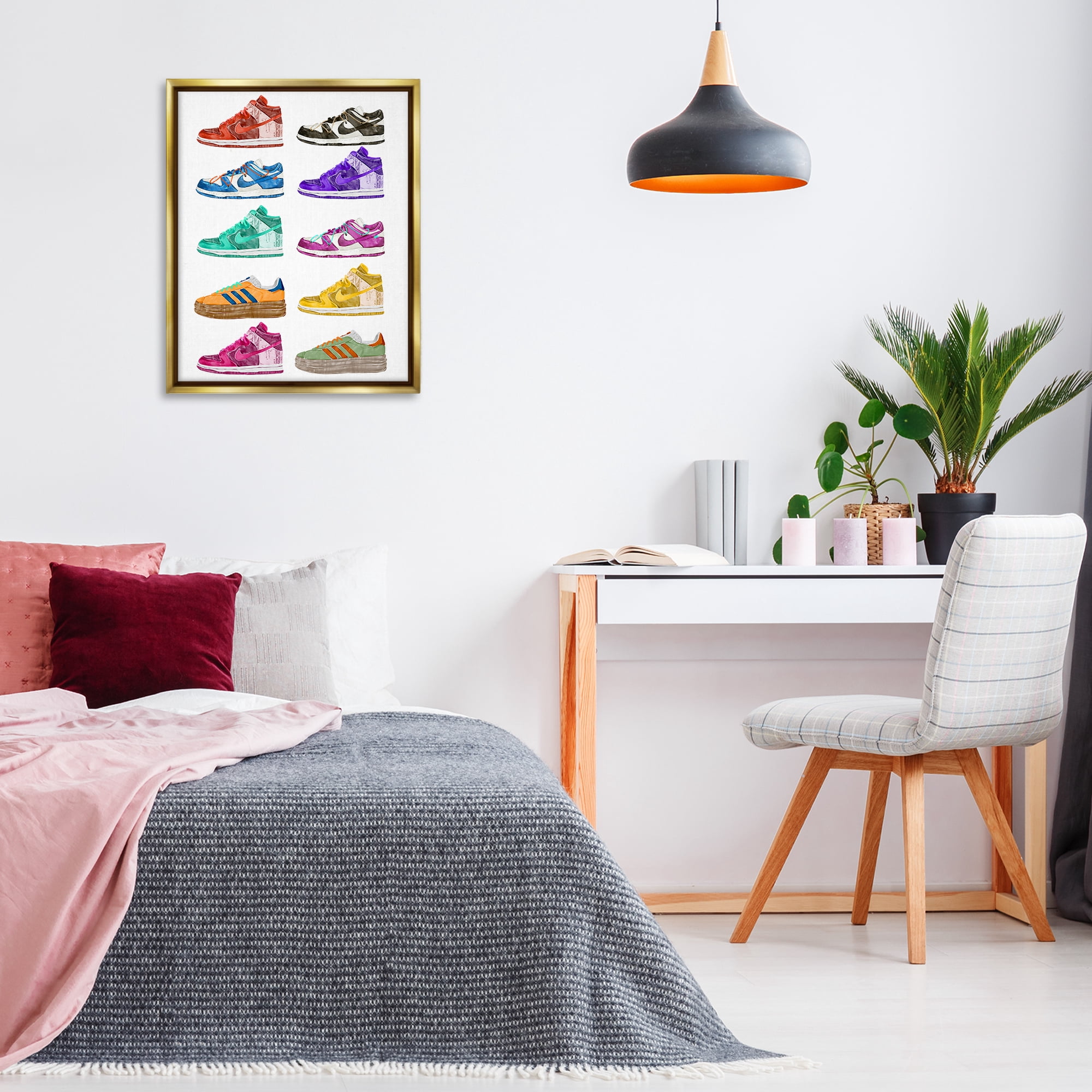 Stupell Industries Fashion Sneakers Assortment Fashion Painting Gold Floater Framed Canvas Art Print Wall Art, 25 x 31