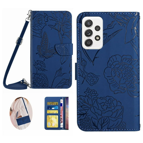for Samsung Galaxy A53 5G Phone Case Wallet,Crossbody Strap Women Flip Folio Cover with Card Holders Butterfly Embossed Premium PU Leather Kickstand Wrist Strap Magnetic Closure Case,Darkblue