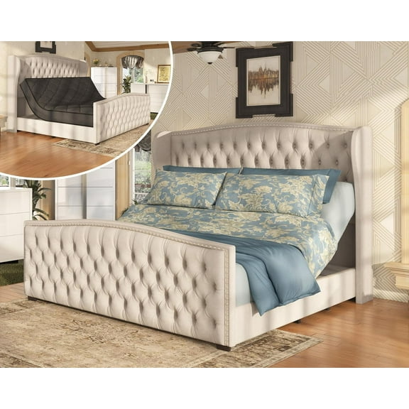 Amerlife Queen Size Bed Frame with 51" Velvet Upholstered Headboard, Adjustable Dual Motor, Cream
