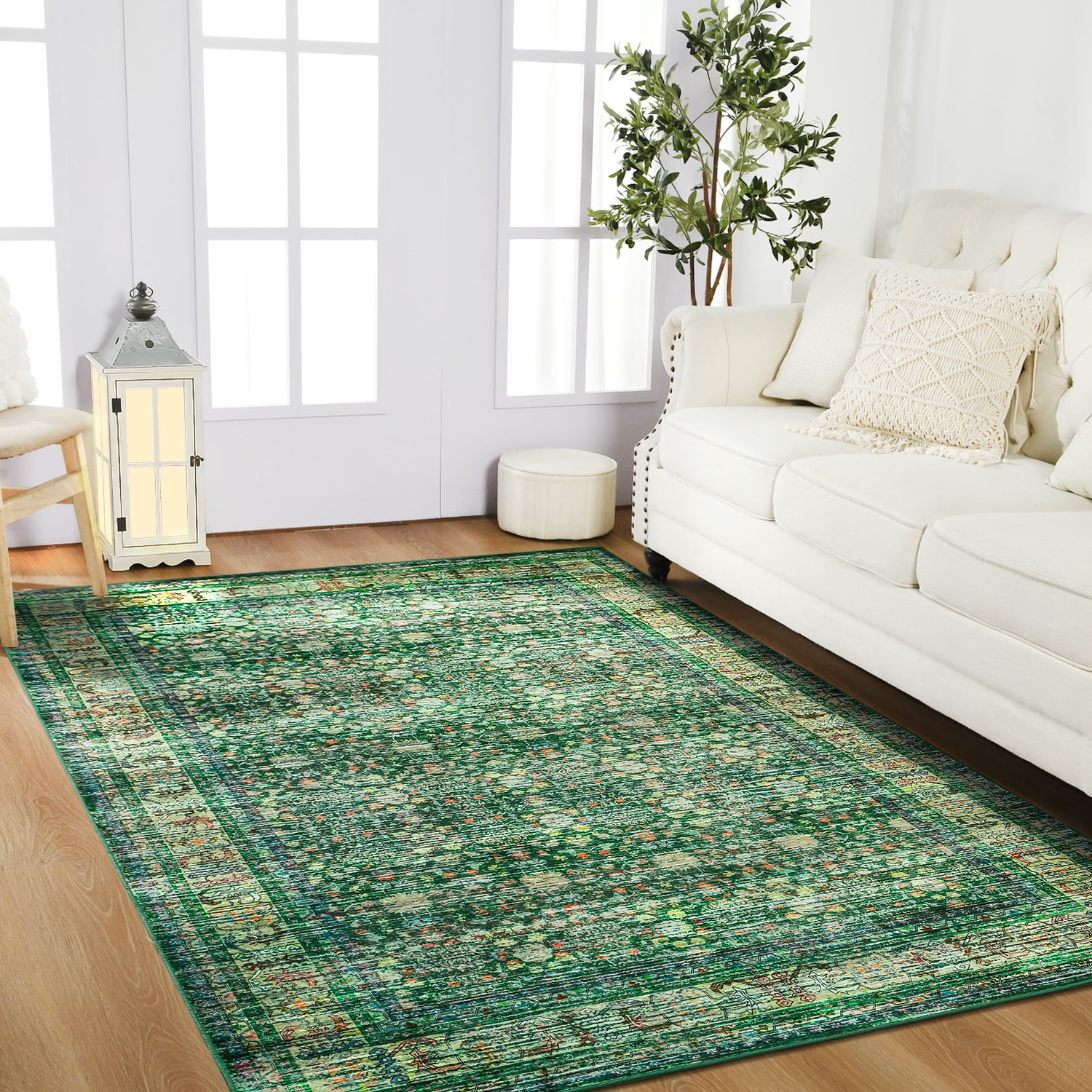 Wondo Floral Washable Rugs, 4x6 Area Rug for Living Room, Soft Large Boho Bedroom Rug, Botanical Non Slip Ultra Thin Floor Carpet for Dining Room Nursery Office, Green