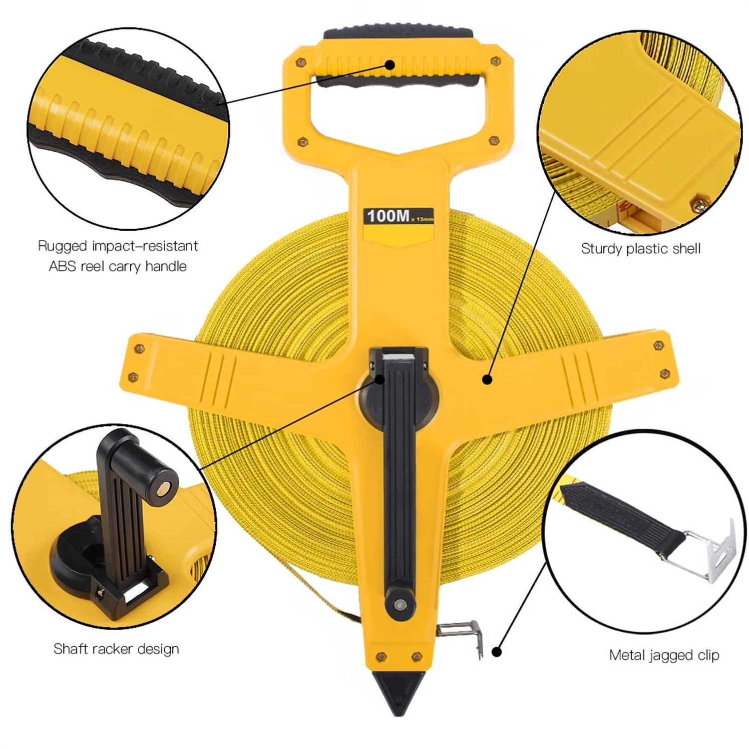 Open Reel Fiberglass Tape Measure, 330 Foot Tape Measure by 1/2-Inch, Inch/Metric Scale for Engineer,Outdoor, Athletic Field, Impact Resistant ABS Shell