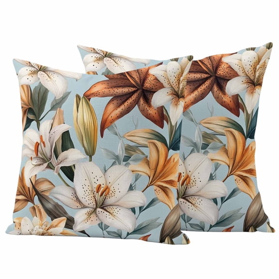 Flower Floral Outdoor Waterproof Pillow Covers, Lily Budding Plant Botanicals Blossom Decorative Square Throw Pillowcase Sofa Cushion Sham for Patio/Couch/Chair, 16"x16" 2 Pack