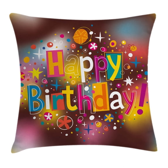 Birthday Decorations Throw Pillow Cushion Cover, Colorful Fun Graphic Lettering with Stars Dots Daisies Blur Background, Decorative Square Accent Pillow Case, 16 X 16 Inches, Multicolor, by Ambesonne