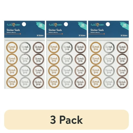 (3 pack) Hello Hobby Sticker Seals, White with Foil Trim, Thank You, 36 Piece