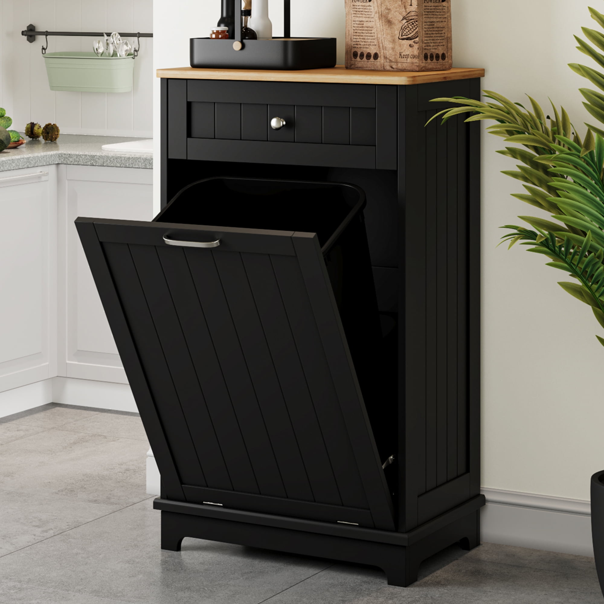 Leeten Kitchen Trash Bin Wooden Trash Cans Double Tilt Out