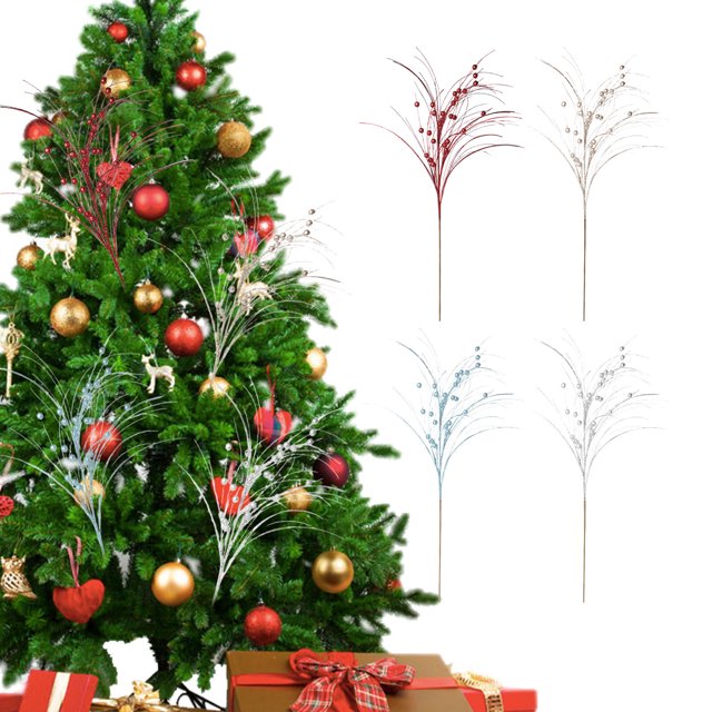 Recortes De Plástico Ramas navideñas largas de 80 cm con polvo azul, bayas y lentejuelas para decoración de fiestas navideñas (1 unidad) Rkxzt