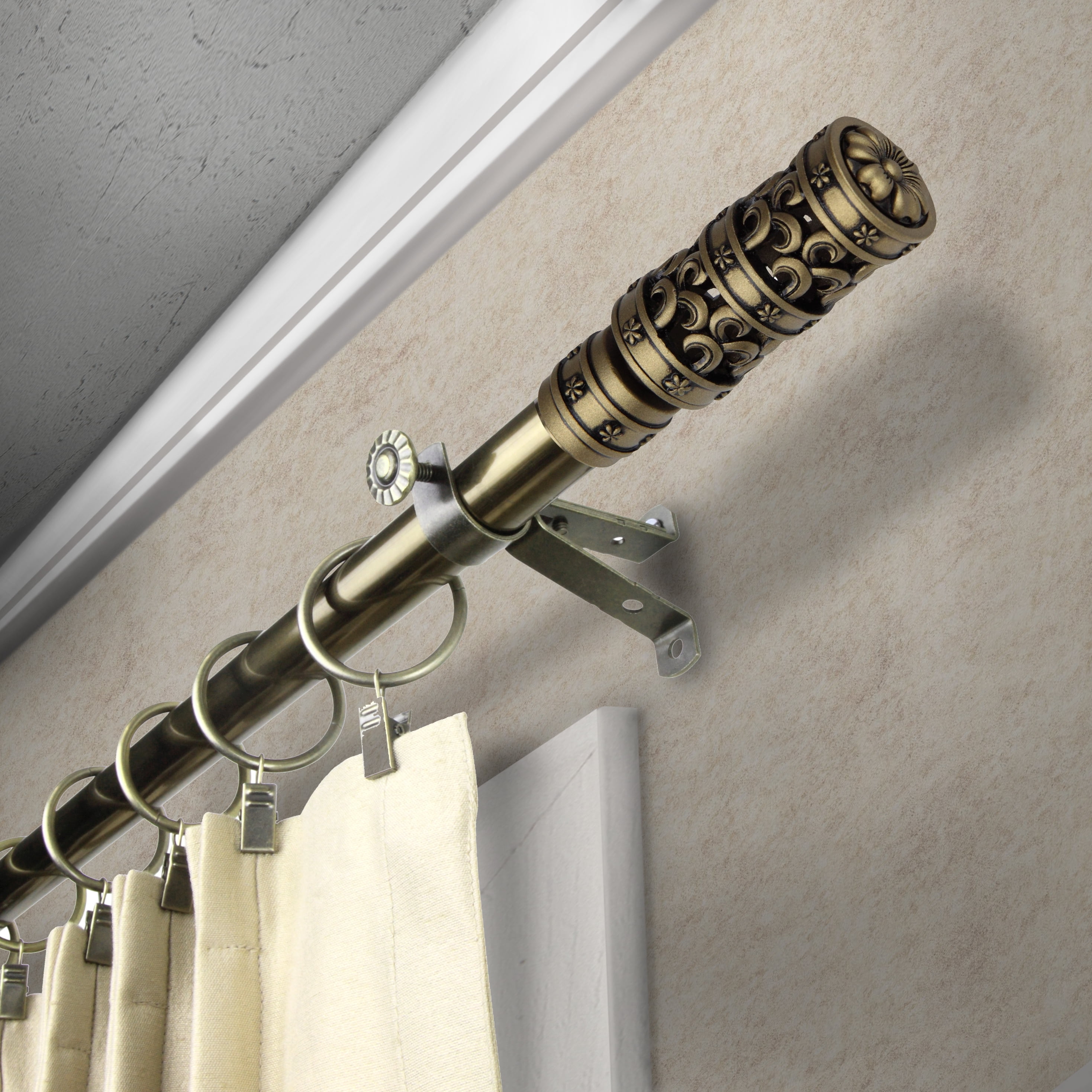 13/16" Dia Adjustable 48-84" Rocco Curtain Rod in Antique Brass