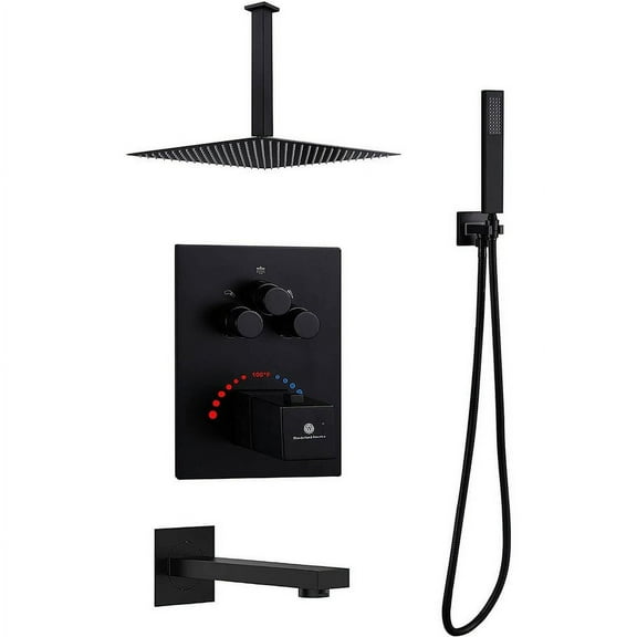 Grolta Matte Black Ceiling Mount 12 inch Rainfall Shower Head 3 Way Thermostatic Shower Faucet w/ Tub Spout - Matte Black