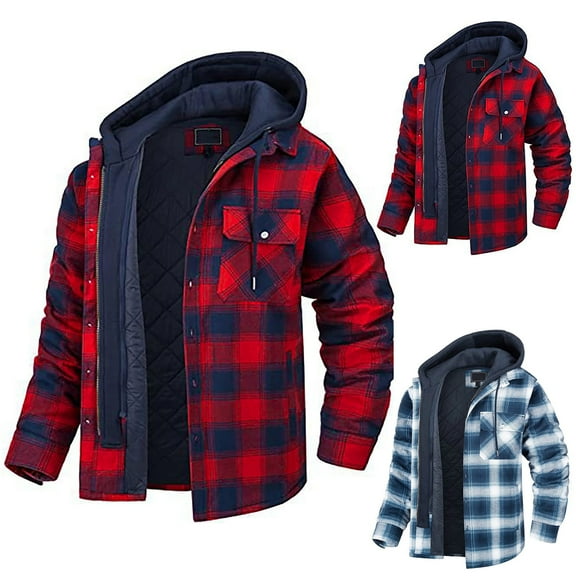 Men's Shirt Jacke Long Sleeve Lined Flannelt with Hood Mens Cotton Plaid Shirts Jacket Men Button Down Shirts Casual Shacket Jacket with Pocket
