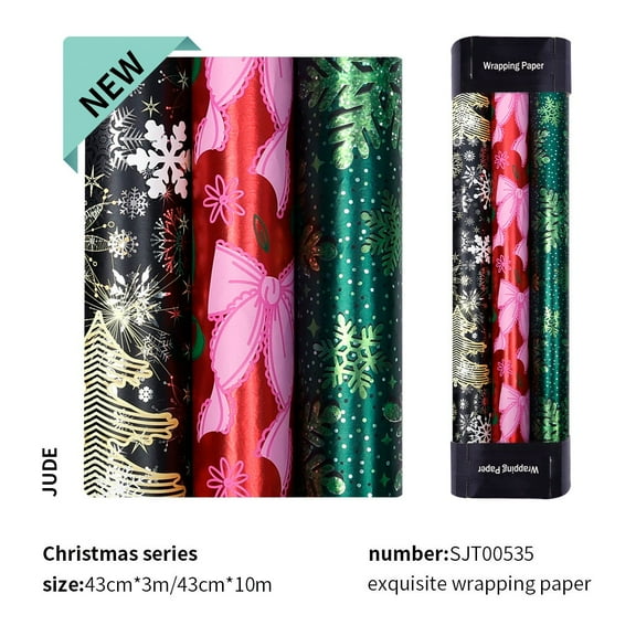 3PCS Reversible Christmas Wrapping Paper Roll Set,17 Inch x 12 Feet Christmas Wrapping Paper - Christmas tree Bow and Snowflake Wrapping Paper for Christmas,Holiday,Party(A)