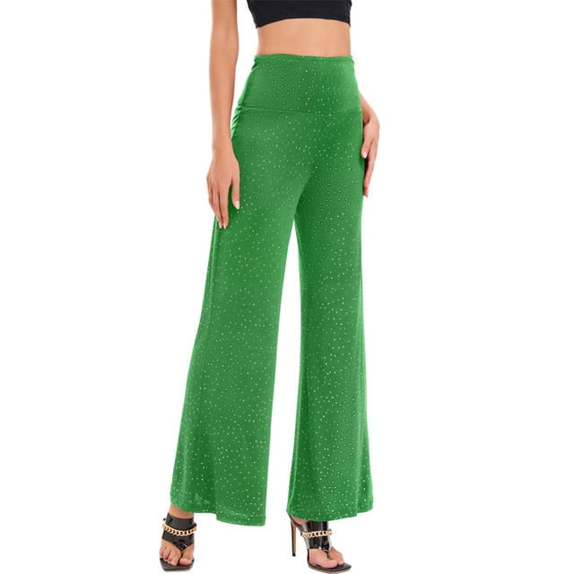 Gibobby Pantalones deportivos Pantalones de yoga de cintura alta informales con brillantes de plástico para mujer, pantalones de pierna ancha(Verde, XL)