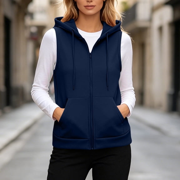 Zysthvn Sleeveless Casual Jackets for Women Fall Hooded Full Zip Elegant Coats for Women with Pockets Solid Fitted Tops