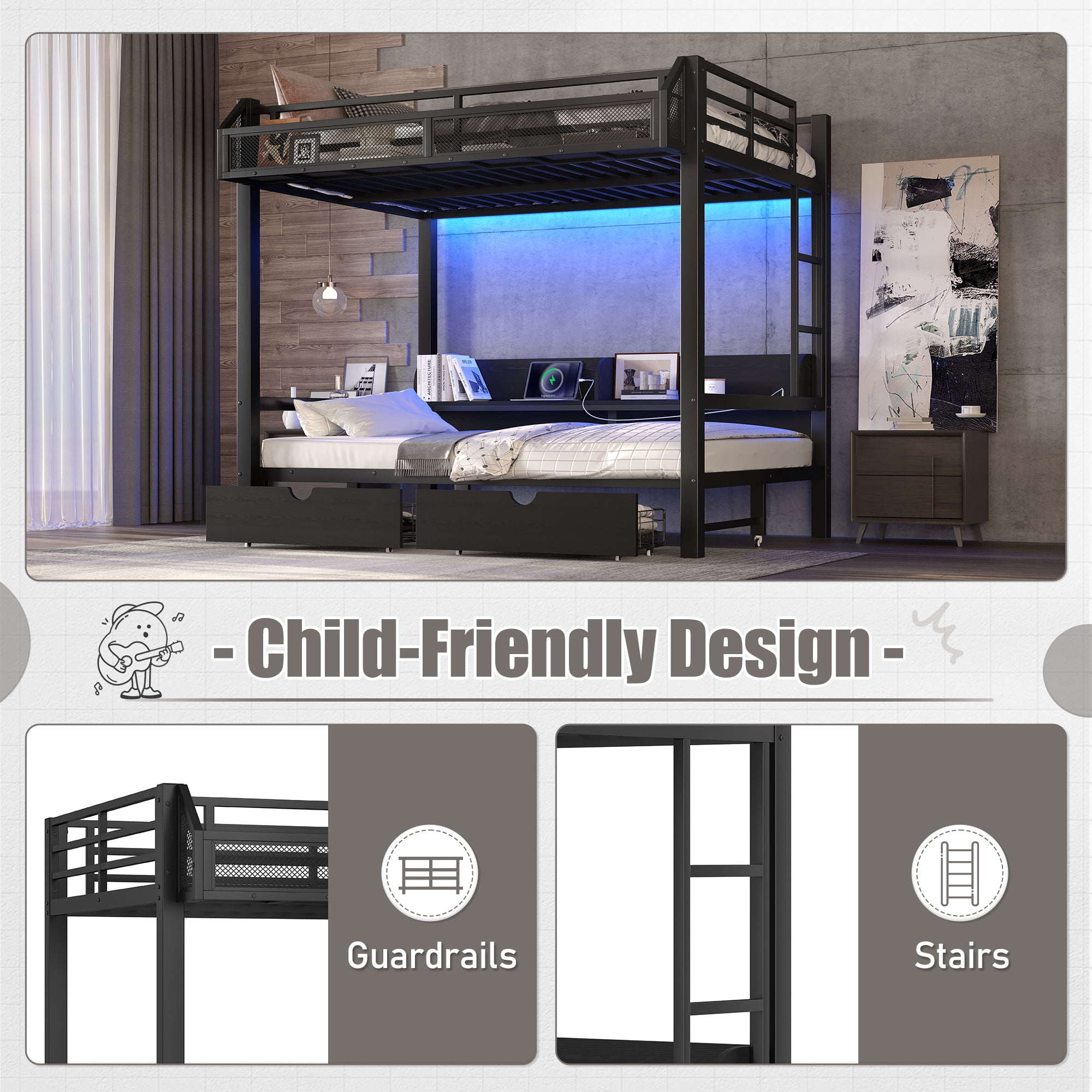 Full over Full Size Bunk Bed with 2 Drawers and Storage Shelves, Multifunctional Metal Bunk Bed Frame with LED Lights and USB Ports, Lower Bed that can be converted into a sofa