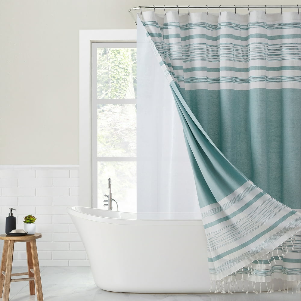 Better Homes & Gardens Spacedyed Stripe Cotton Shower Curtain and PEVA