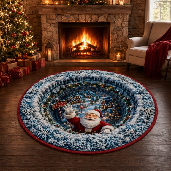 3D Christmas Rugs Optical Illusion, Santa Claus Round Floor Mat with Depth Pattern for Entryway Living Room 23.6in
