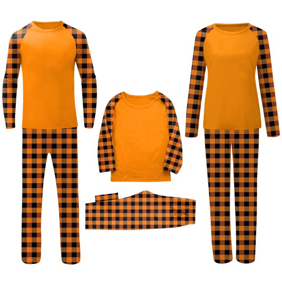 Onlypjs Matching Family Halloween Pajamas Orange Black Buffalo Plaid Raglan Sleepwear Pjs Sets Momster Graphic Loungewear for Adults Women Men Couples