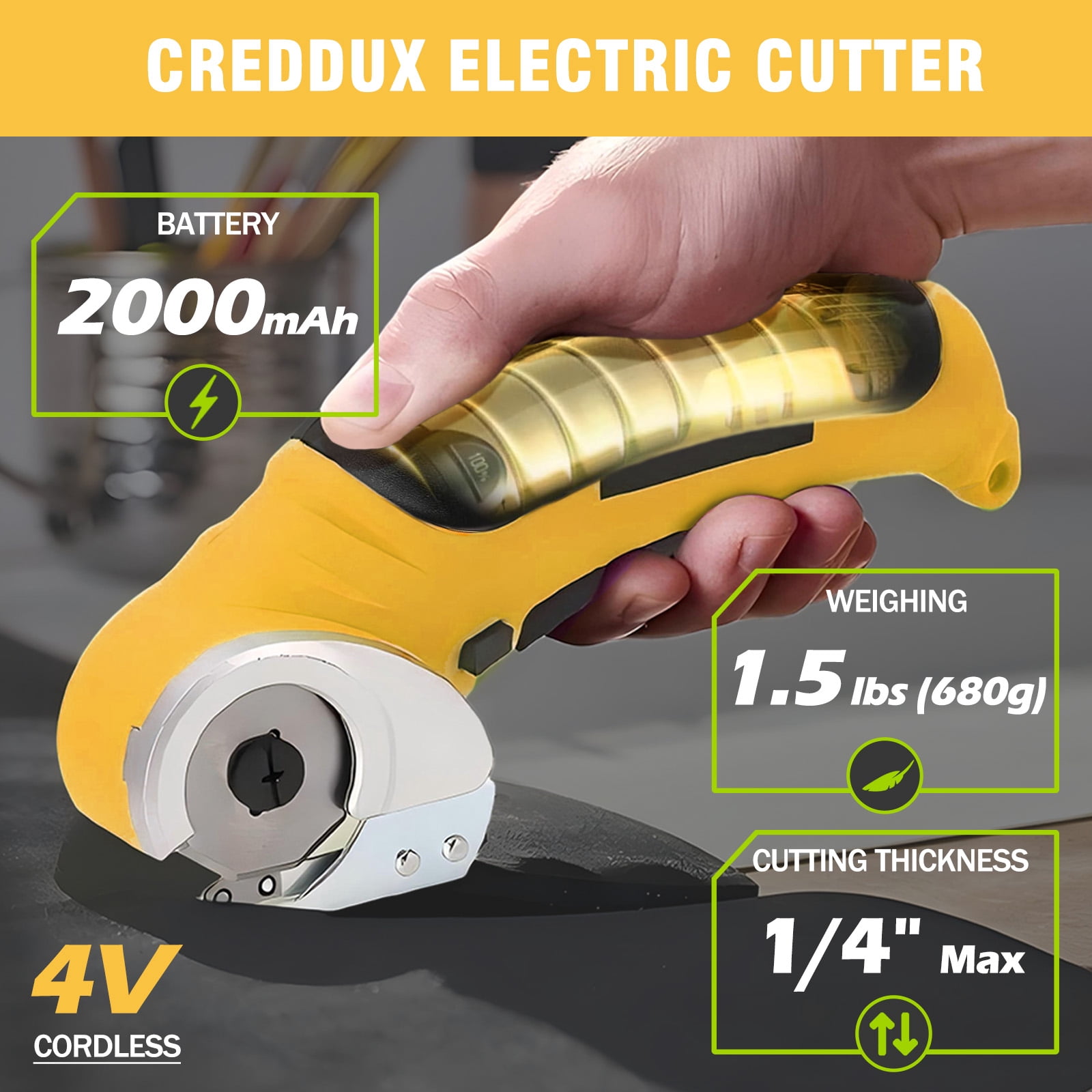 Cordless Electric Scissors, Cardboard Cutter, Rechargeable Powerful 4V Scissor Cutting Tool for Cardboard, Fabric, Leather, Yellow